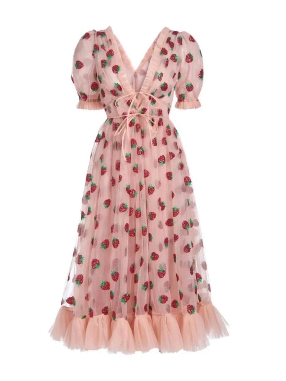 Lirika Matoshi Pink Strawberry-Embroidered Tulle Maxi Dress
